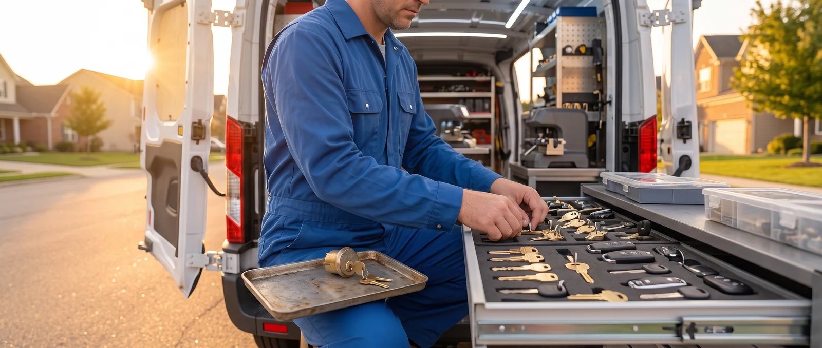 Cut to the car code Selection of car key blanks in a locksmith van