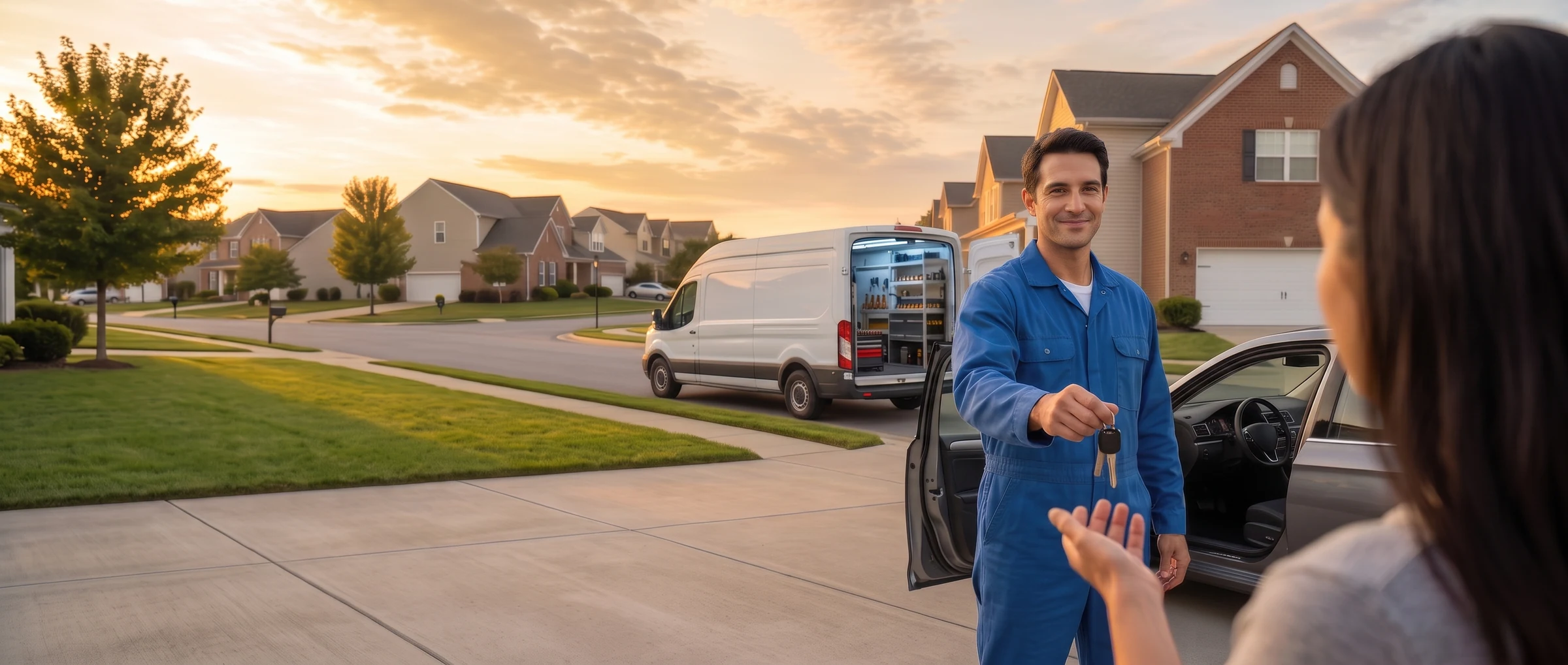 Locksmith handing over new keys in a driveway at sunset