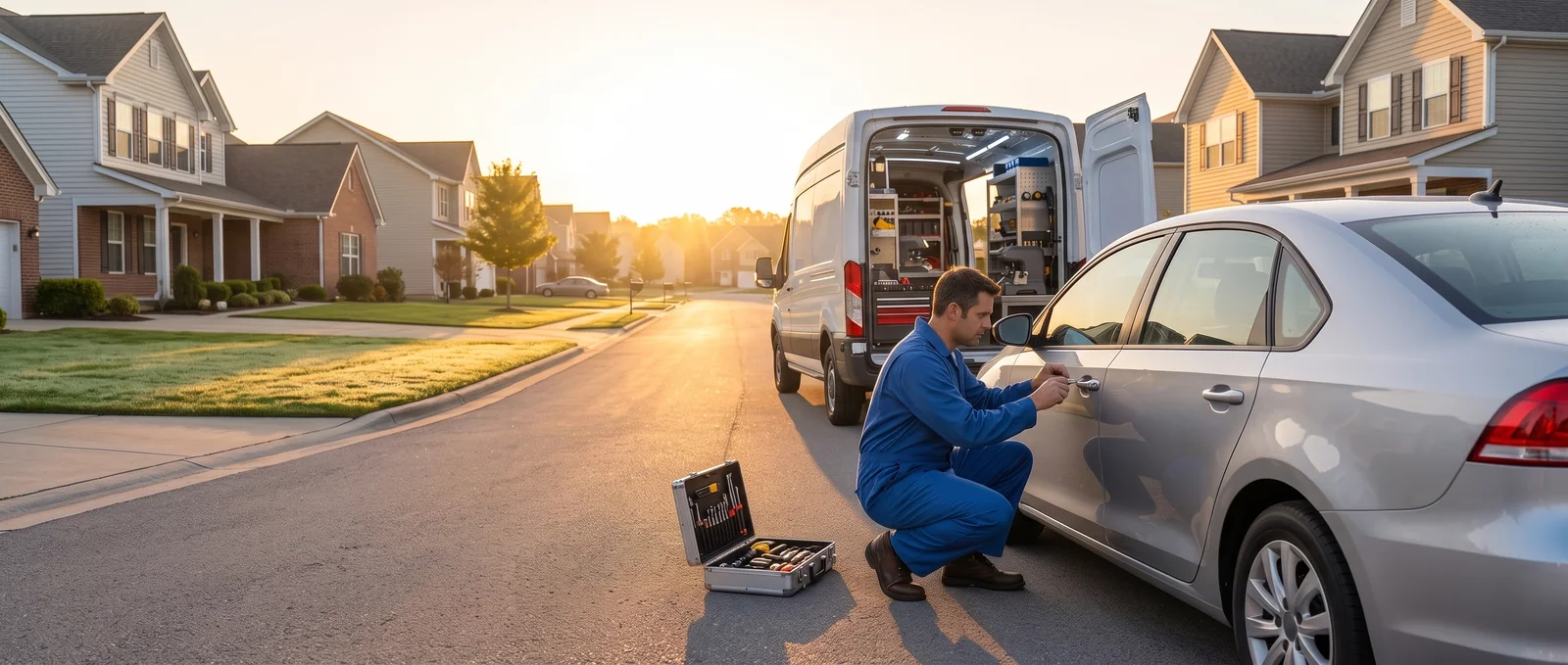 24 hour car lockout dispatch in Orlando, FL Emergency car lockout locksmith opening a car door on a suburban street at sunrise in Orlando, FL