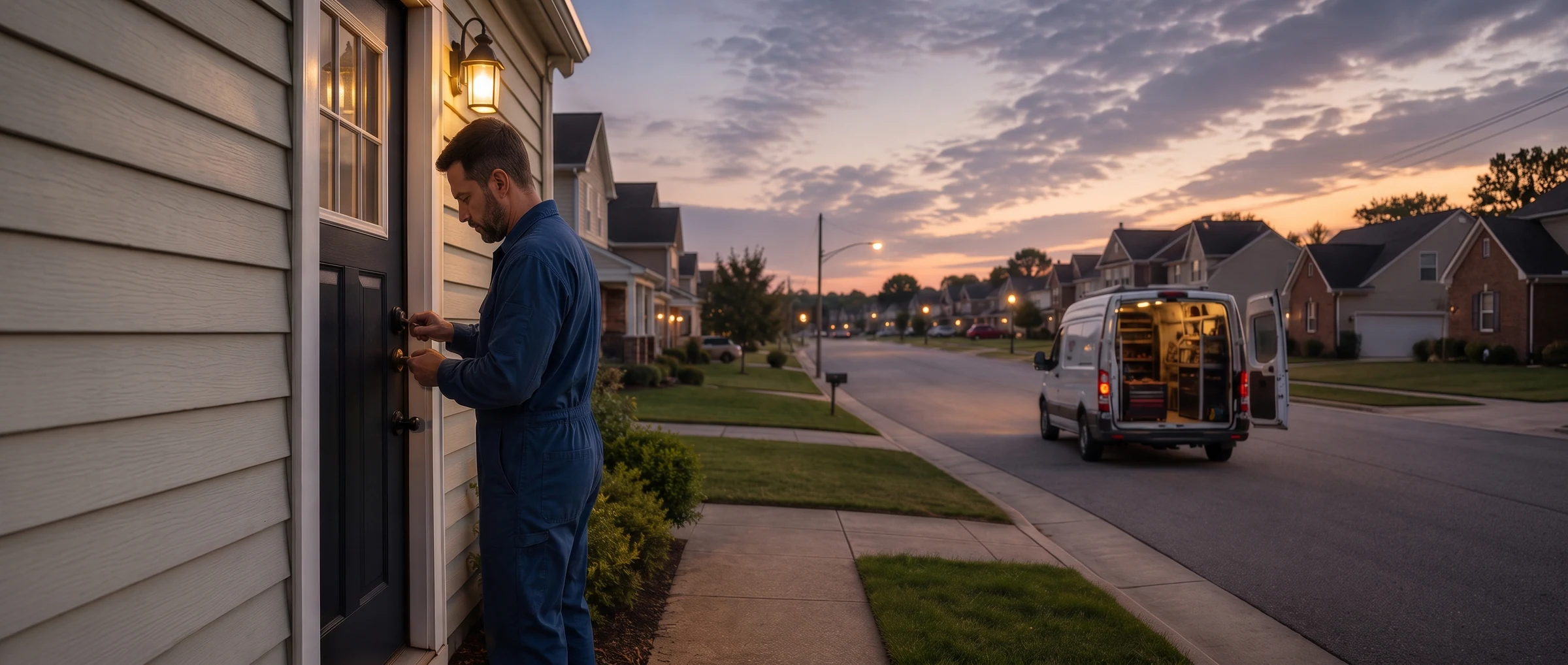 House lockouts at any hour Locksmith opening a front door for a resident