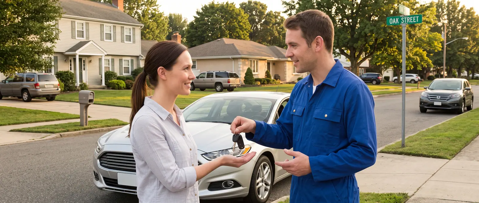 Finding a locksmith near you Locksmith handing keys back to a customer outside a house