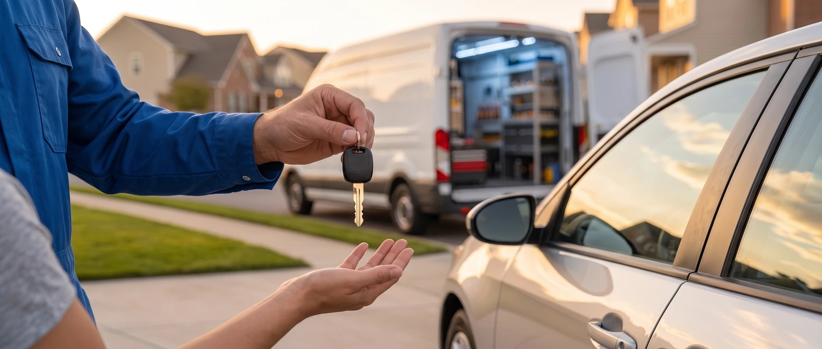 Mobile locksmith cutting a car key beside the vehicle