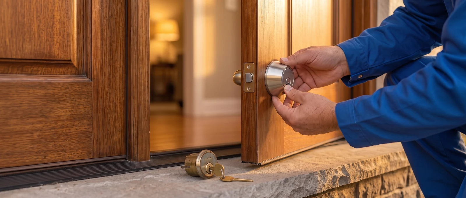Lock change and new deadbolts in Orlando, FL Locksmith fitting a new deadbolt during a lock change on a front door in Orlando, FL