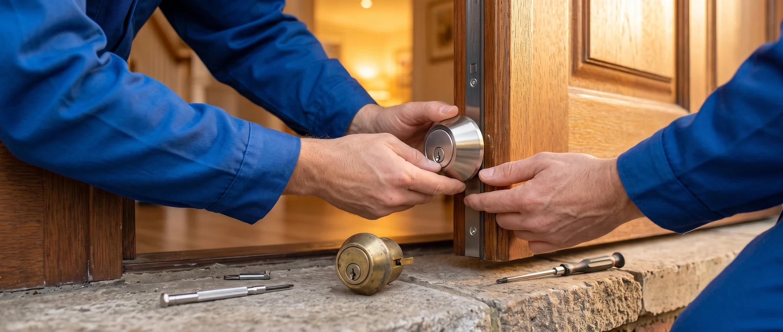 New lock installation New lock being fitted to a door